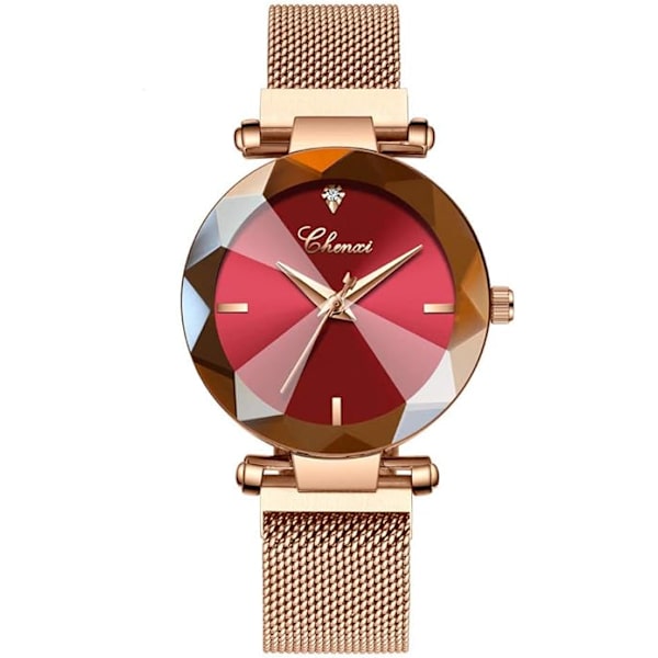 Lyxig damklocka Analog kvartsklocka Armbandsklocka Mesh-rem Vattentät damklocka Red