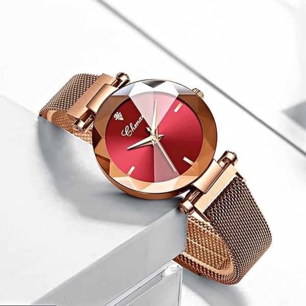 Lyxig damklocka Analog kvartsklocka Armbandsklocka Mesh-rem Vattentät damklocka Red