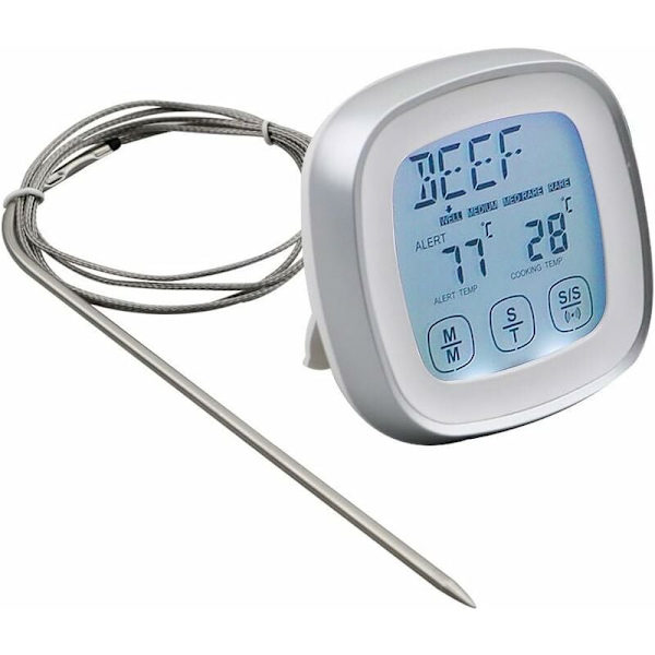 Kötttermometer, omedelbar avläsning mattermometer digital termometer med timerlarm sond för ugn, kök, grillning, rökare (silver)