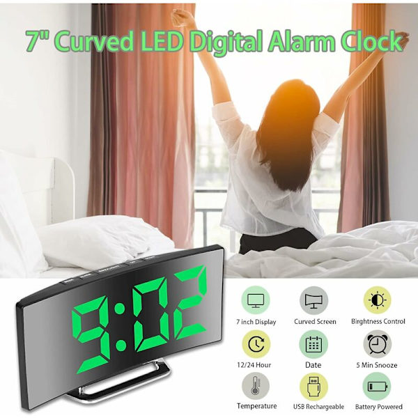 Grön digital väckarklocka för sovrum, 7'' LED-spegelskärm, 2 ljusstyrkenivåer, 12/24 timmars, USB-laddning och batteridriven
