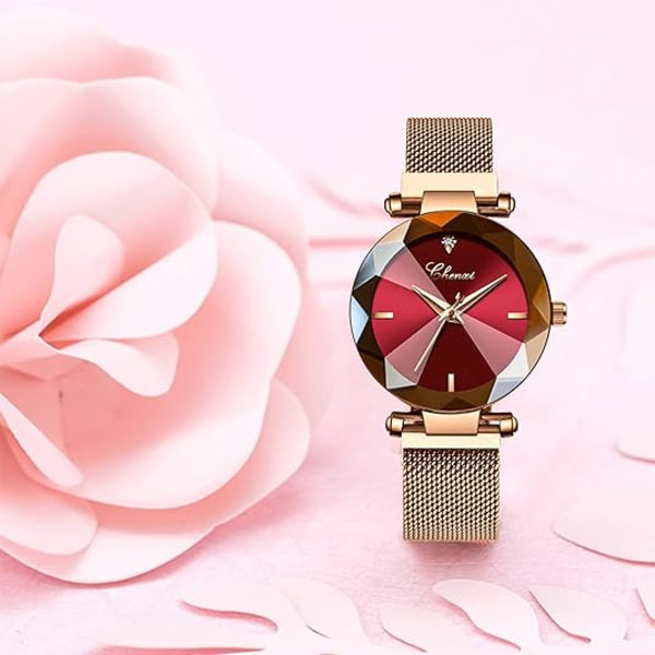 Lyxig damklocka Analog kvartsklocka Armbandsklocka Mesh-rem Vattentät damklocka Red