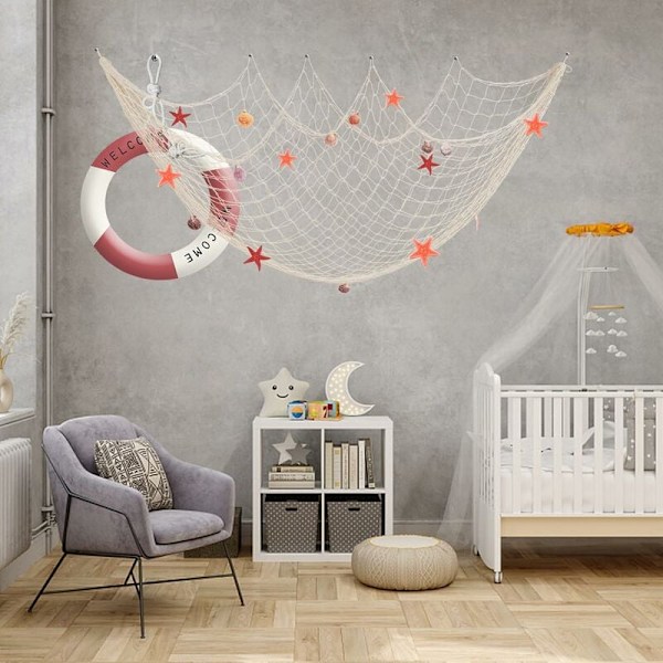Väggdekoration i Medelhavsstil med fiskenät - 1,5 x 2 m (Off White)