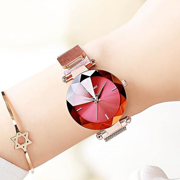Lyxig damklocka Analog kvartsklocka Armbandsklocka Mesh-rem Vattentät damklocka Red