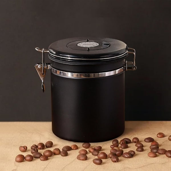 Lufttät kaffeburk, rostfritt stål kaffebönbehållare med mätande rostfritt stål skopa, 1,5L för bönor, svart