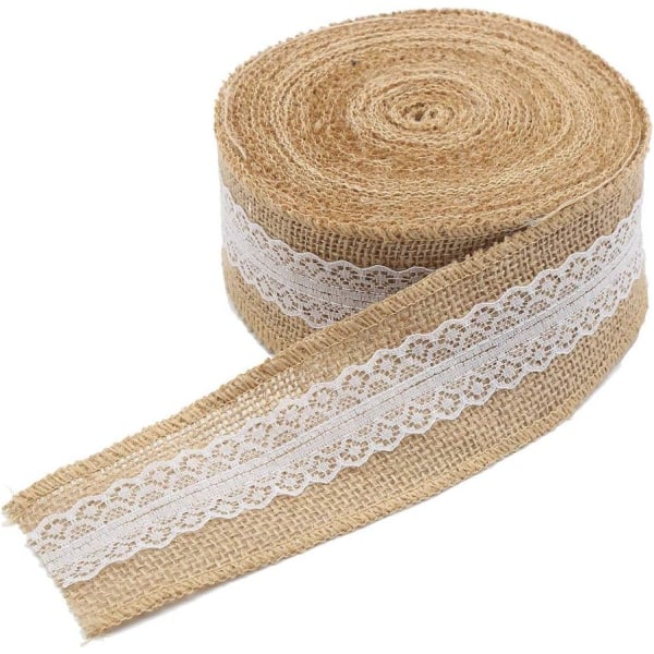2 meter naturlig jute säckväv bandrulle med vit spetsband för gör-det-själv hantverk bröllopsdekoration