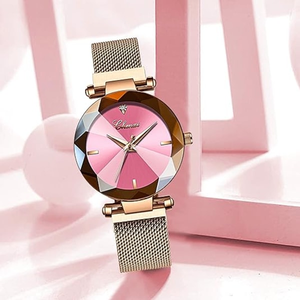 Lyx Damklocka Analog Quartz Watch Watch Watch Mesh Armband Vattentät Watch Pink