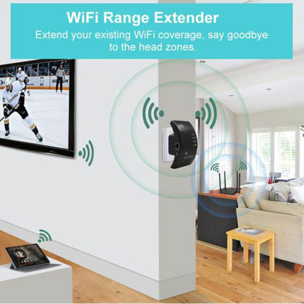 Kraftfull WiFi-förstärkare, WiFi-extender N300, WiFi-signalförstärkare, 1 Ethernet-port, täcker upp till 200㎡, kompatibel med alla internetboxar