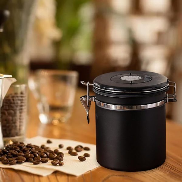 Lufttät kaffeburk, rostfritt stål kaffebönbehållare med mätande rostfritt stål skopa, 1,5L för bönor, svart
