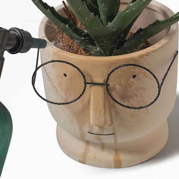Glasögon Ansikte Kaktus Växtkrukor För Hemmakontor Bröllop Planter Planter Cement Blomkrukor, Liten Keramisk Sukkulent Kruka-Vit Grå 17x17x16.5cm