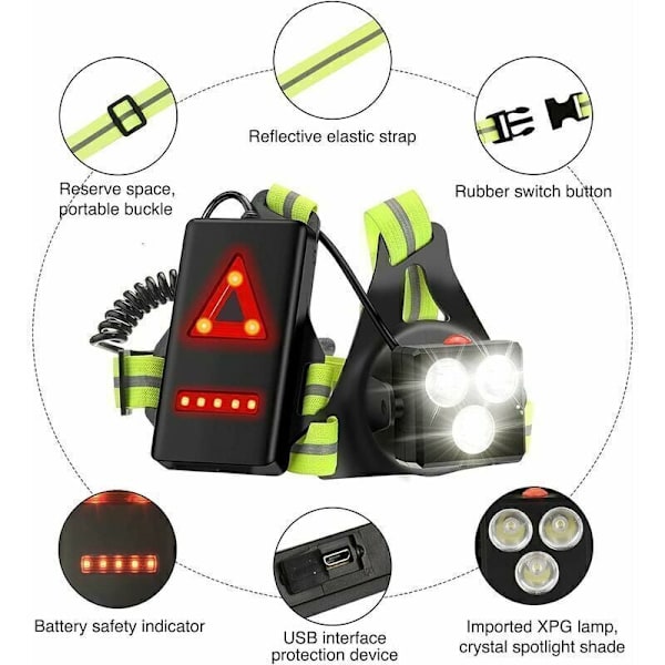 USB-laddningsbar LED-löpljus, 120° justerbar bröstlampa, 500 lumen, löpljus med reflexremsor för jogging, promenader
