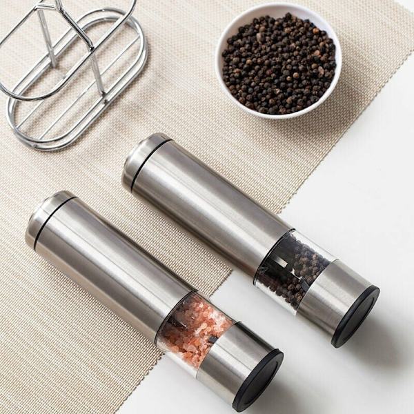 Batteridriven salt- och pepparkvarnset - Kök i rostfritt stål Salt- och pepparkvarnar - med stativ (batterier ingår ej)