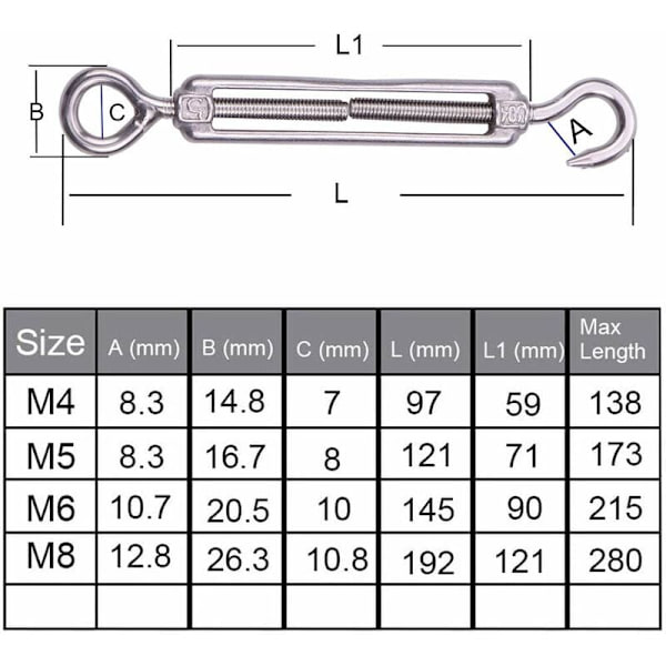 Set med 5 M6 rostfritt stål vajersträckare 6mm kroksträckare 304 rostfritt stål justerbar trådnätssträckare för repkabelklädstreck