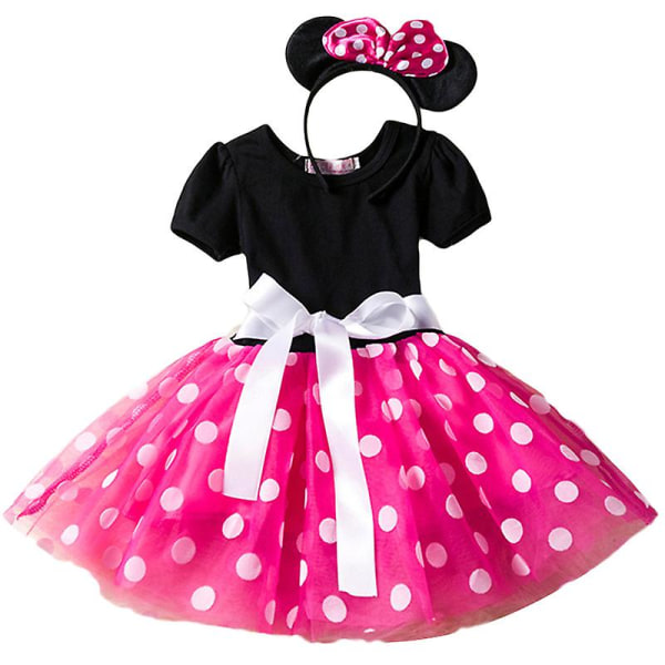 Barn Flickor Minnie Mouse Polka Dot Kortärmad Klänning Fest Casual Bow Tutu Tyllklänningar Rose Red 5-6 år