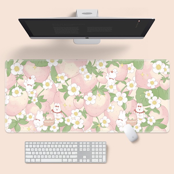 Rabbit Strawberry Fields tangentbord Musmatta stor, vattentät och lätt att rengöra, halkfri bas lång bordsmatta, sömkanter White pink