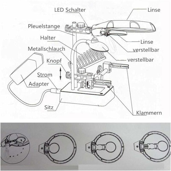 Tredje hand lödstation 5 LED-lampor förstoringsglas 2,5x/7,5x/10x linsstöd med klämma för lödning reparation modellering
