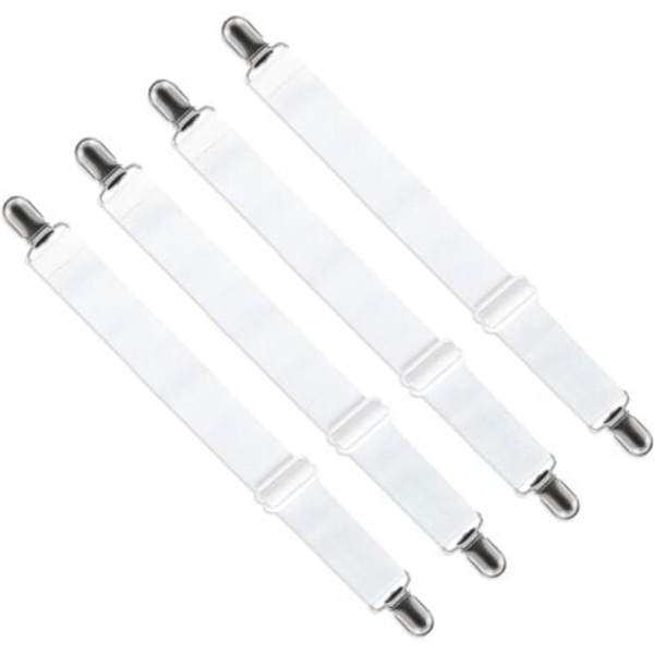 Justerbar lakansspännare (65cm till 200cm), Justerbar fästrem för lakan, soffa, strykjärnsskydd (Vit, 4-pack)