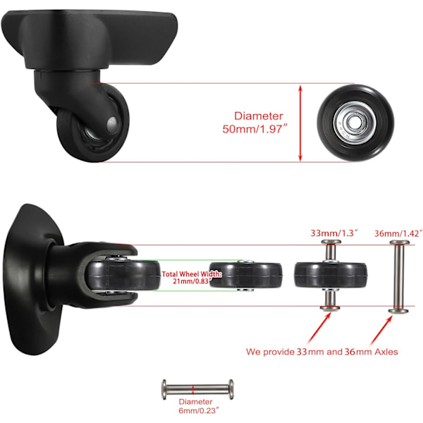 50 mm x 18 mm Set med 4 ersättningshjul för resväskor, gummisvängbara hjul med kullager, reparationskit (svart)