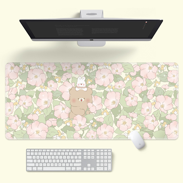 Hibiscus tangentbord musmatta stor, vattentät och lätt att rengöra, halkfri bas lång skrivbordsdyna, sömkanter Pink