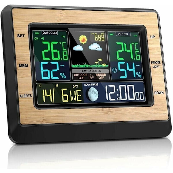 Inomhus- och utomhusbarometer hygrometer termometer, 6\" färgskärm, väderstation med prognos, månfas, väckarklocka