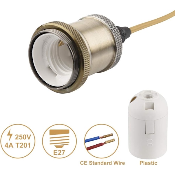 E27-uttag - Hänglampa i gammal stil - Retro vintage-hänglampa - Flätad kabel - Brons