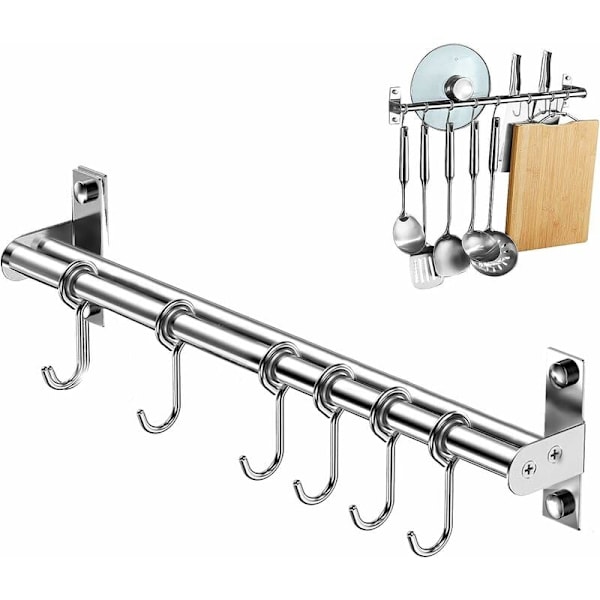 Kök Redskapsställ, Väggmonterad Köksredskapsstång med 6 Glidande Krokar, Rostfritt Stål Redskapshängare för Badrum/Garage/Sovrum, 40cm