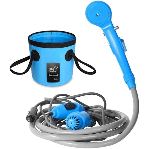 Bärbar campingdusch, med nedsänkbar pump, 2200mAh Li-batteri USB-laddningsbar, två utbytbara duschmunstycken och hopfällbar hink