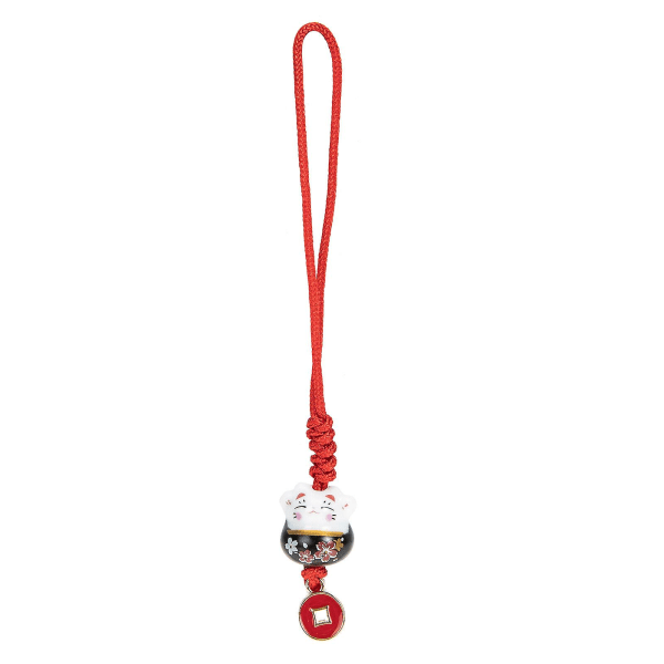 Vacker Keramisk Fortune Cat Key Ring Cat Key Ring Telefon Charm Ornament Svart 11x1,5cm