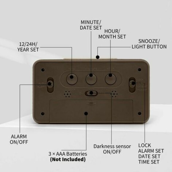 LED-väckarklocka, tystgående digital klocka med datum, temperaturvisning, snooze-funktion, batteridriven digital klocka, 3 AAA-batterier krävs