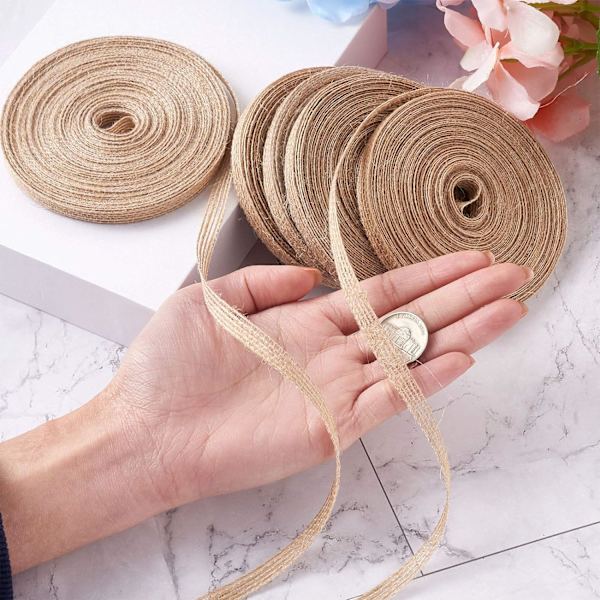 5 rullar av naturligt säckvävsband 0,6 cm Solbrunt jute linneband rullar för festdekoration, gör-det-själv hantverk