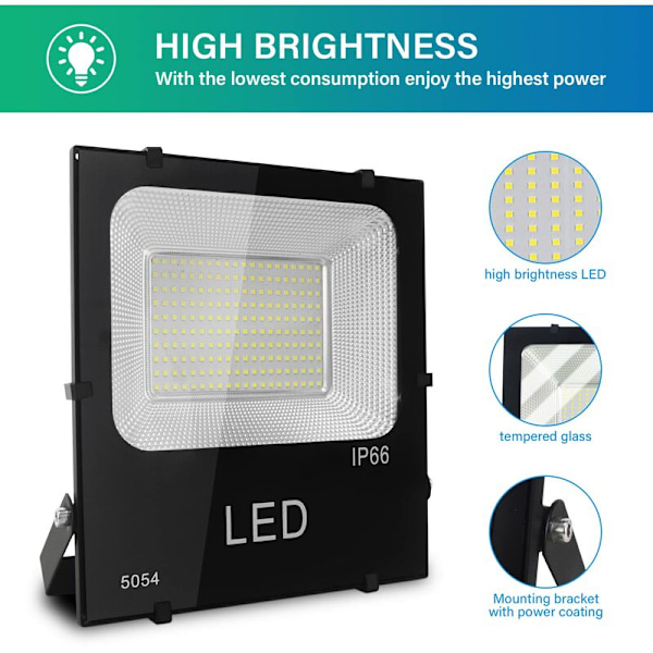 100W LED 0000LM, LED-strålkastare för utomhusbruk, kall vit 6000K, IP66 vattentät, LED-säkerhetslampa för trädgård, uteplats, garage, uteplats, hem [Energiklass F]