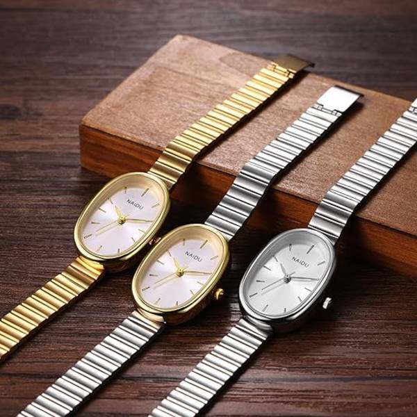 Kvinnors ultratunna ovala klockor: Rostfritt stål smal rem liten urtavla dam elegant klänning armbandsklockor (guldrem guldram) Gold Strap Gold Bezel
