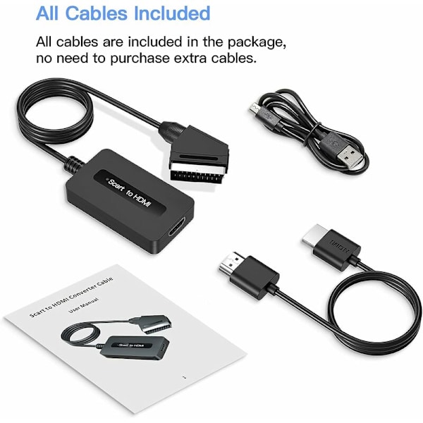 SCART till HDMI-omvandlare med HDMI- och SCART-kablar, Scart till HDMI-omvandlare, Full HD 720P/1080P-utgång HDMI SCART-adapter