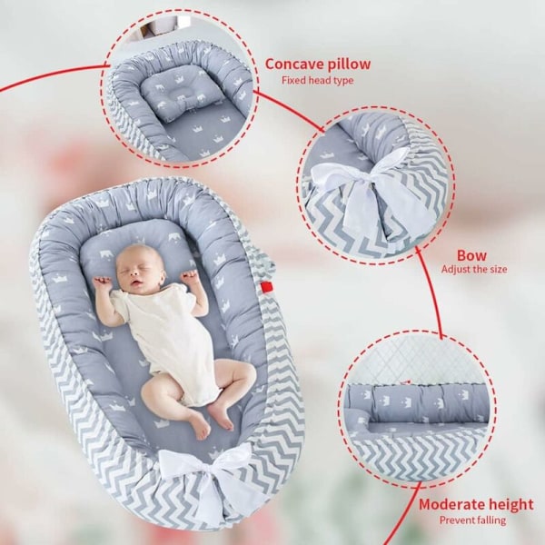 Baby Lounger Pod Bomull Andas Avtagbar Sovvagga Bärbar Nyfödd Kudde Säng Krona Grå