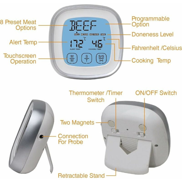 Kötttermometer, omedelbar avläsning mattermometer digital termometer med timerlarm sond för ugn, kök, grillning, rökare (silver)