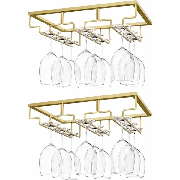 2 st hängande vinglashållare vinglasställ med 3 skenor för under hylla, glasskåp, väggmontering, kök bar - guld