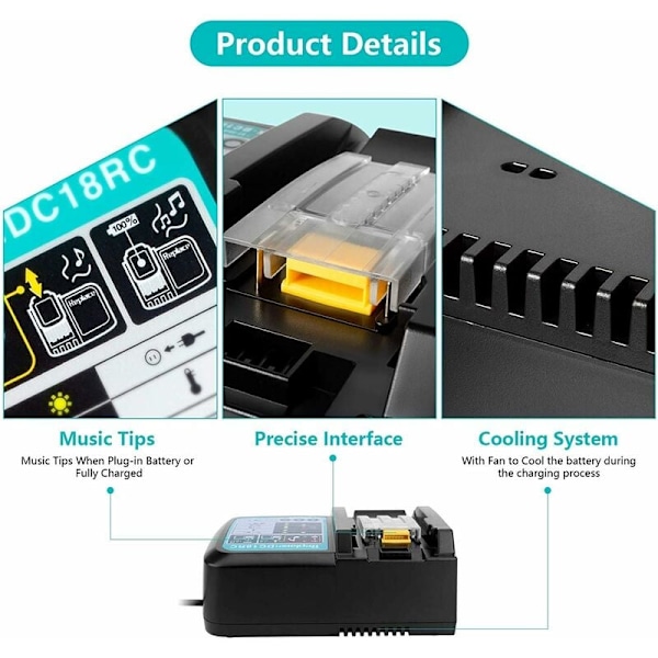 Ersättningsladdare DC18RC Snabbladdare med LED-display 14,4 V och 18 V Batteriladdare Verktygsbatterier 3A för Makita (EU-kontakt)