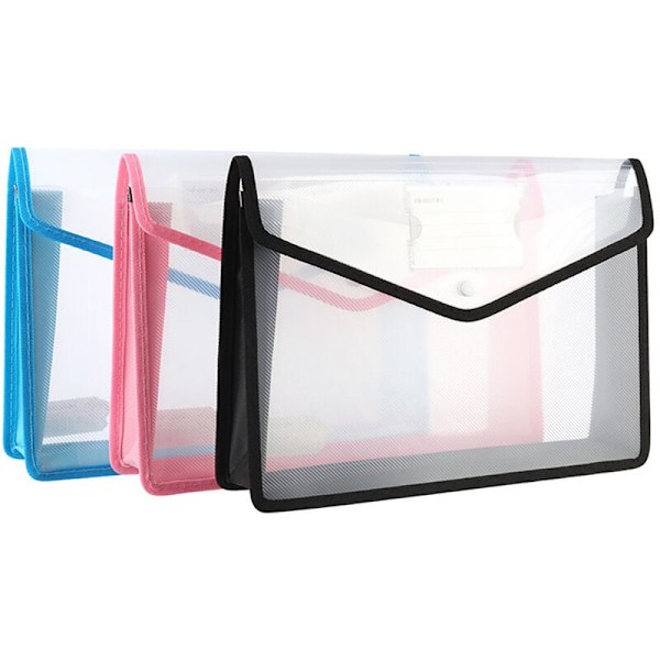 A4 plastficka, 3 st transparenta kuvert med tryckknapp, expanderbar dokumentmapp, svart, blå, rosa, 33*7*24,9 cm