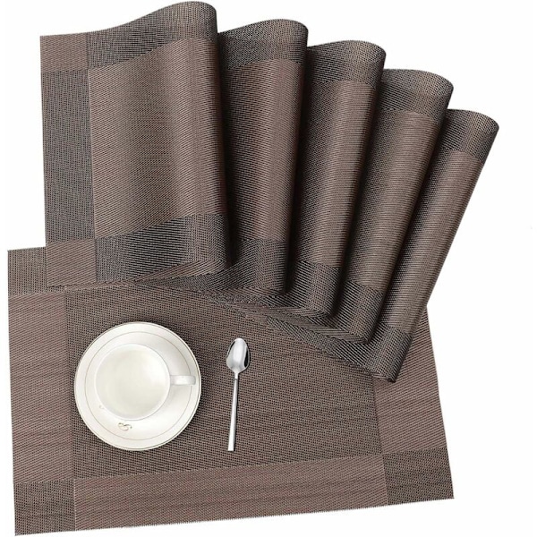 Set med 6 tvättbara placemats, miljövänlig halkfri PVC, 30 x 45 cm, brun