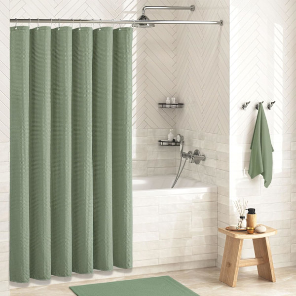 Waffle Textured Heavy Duty Tjockt tyg duschdraperi Badrum, lyxigt viktat polyestertyg Duschdraperiset med plastkrokar, grönt