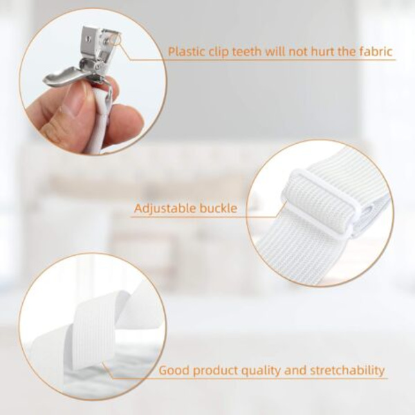 Justerbar lakansspännare (65cm till 200cm), Justerbar fästrem för lakan, soffa, strykjärnsskydd (Vit, 4-pack)