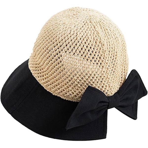 Dam- och flickors floppy sommar solhatt strandhatt hopfällbar bred brätte med band fiskare hinkhatt (beige&svart)