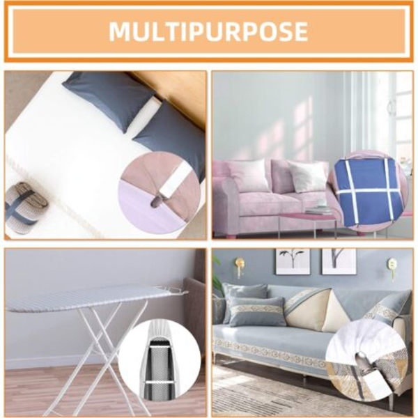 Justerbar lakansspännare (65cm till 200cm), Justerbar fästrem för lakan, soffa, strykjärnsskydd (Vit, 4-pack)