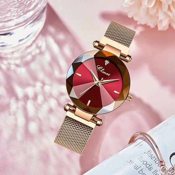 Lyxig damklocka Analog kvartsklocka Armbandsklocka Mesh-rem Vattentät damklocka Red