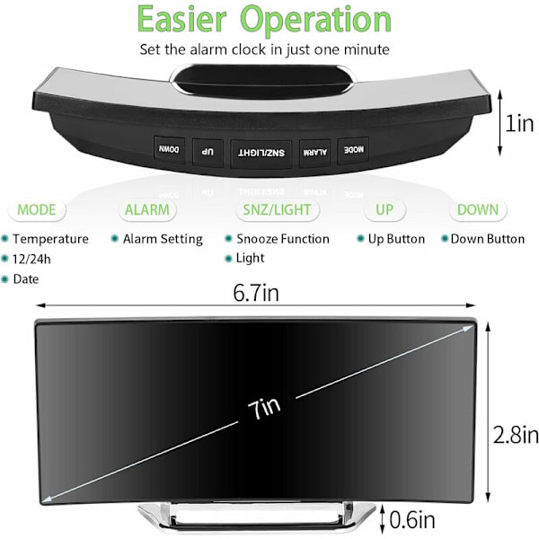 Grön digital väckarklocka för sovrum, 7'' LED-spegelskärm, 2 ljusstyrkenivåer, 12/24 timmars, USB-laddning och batteridriven
