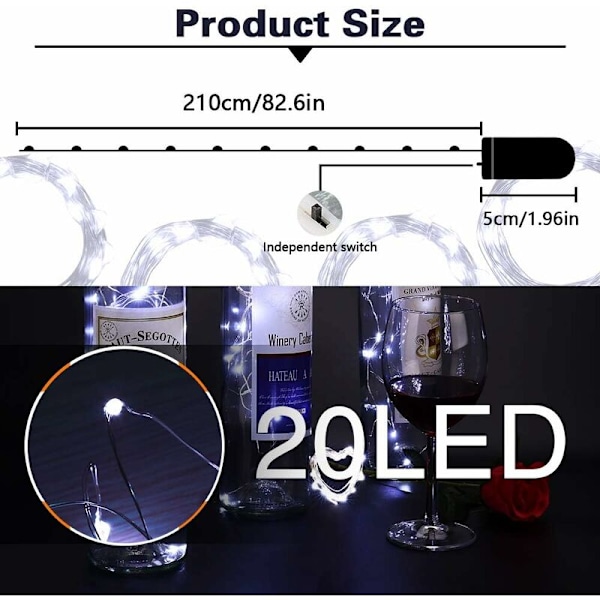 Set med 13 batteridrivna ljusslingor (ingår), vattentät 2m koppartråd med 20 LED-lampor vitt ljus för fest, bröllop, jul, trädgård