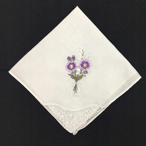 12-pack kvinnor/damer vita blommor broderade näsdukar med satinrandiga kanter, 100 % bomull för vuxen unisex(slumpmässigt mönster)