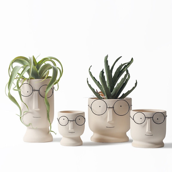 Glasögon Ansikte Kaktus Växtkrukor För Hemmakontor Bröllop Planter Planter Cement Blomkrukor, Liten Keramisk Sukkulent Kruka-Vit Grå 17x17x16.5cm