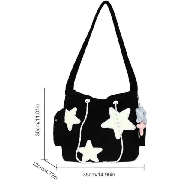 Sød messenger-taske, æstetisk lærreds-crossbody-taske, Y2K Star-skulderpung til kvinder pigeskole (sort)