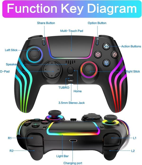 PS4-kompatibel trådløs controller med LED-belysning, dobbelt vibration, til PS4/PS4 Pro/PS4 Slim, Sort