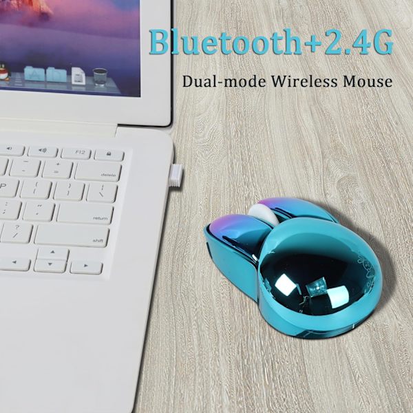 [2.4G+Bluetooth] Trådløs Bluetooth-mus 2.4G USB-datamus, lydløs dobbeltmodus kaninformet trådløs mus for bærbar PC iPad, 1200 dpi, blå